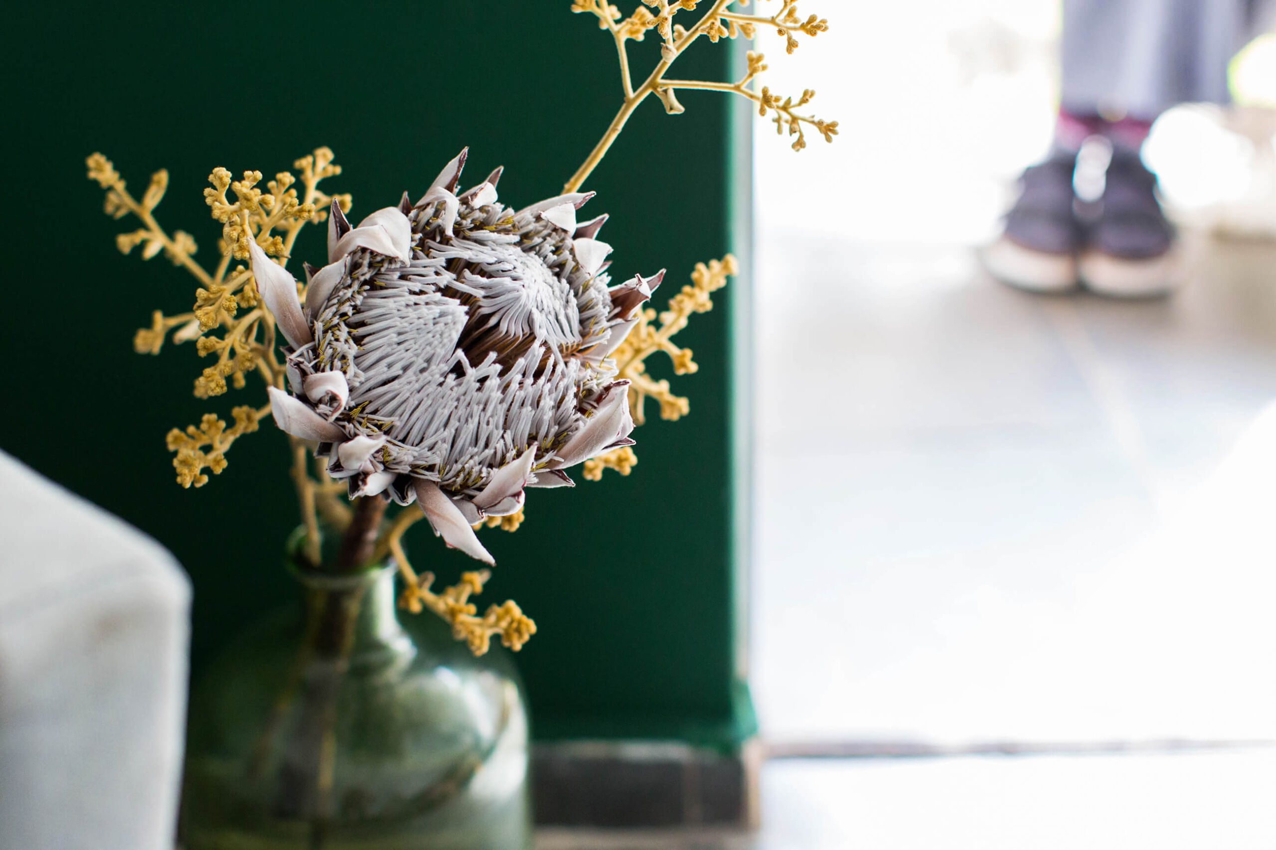 Arranjo com flores secas e Protea King