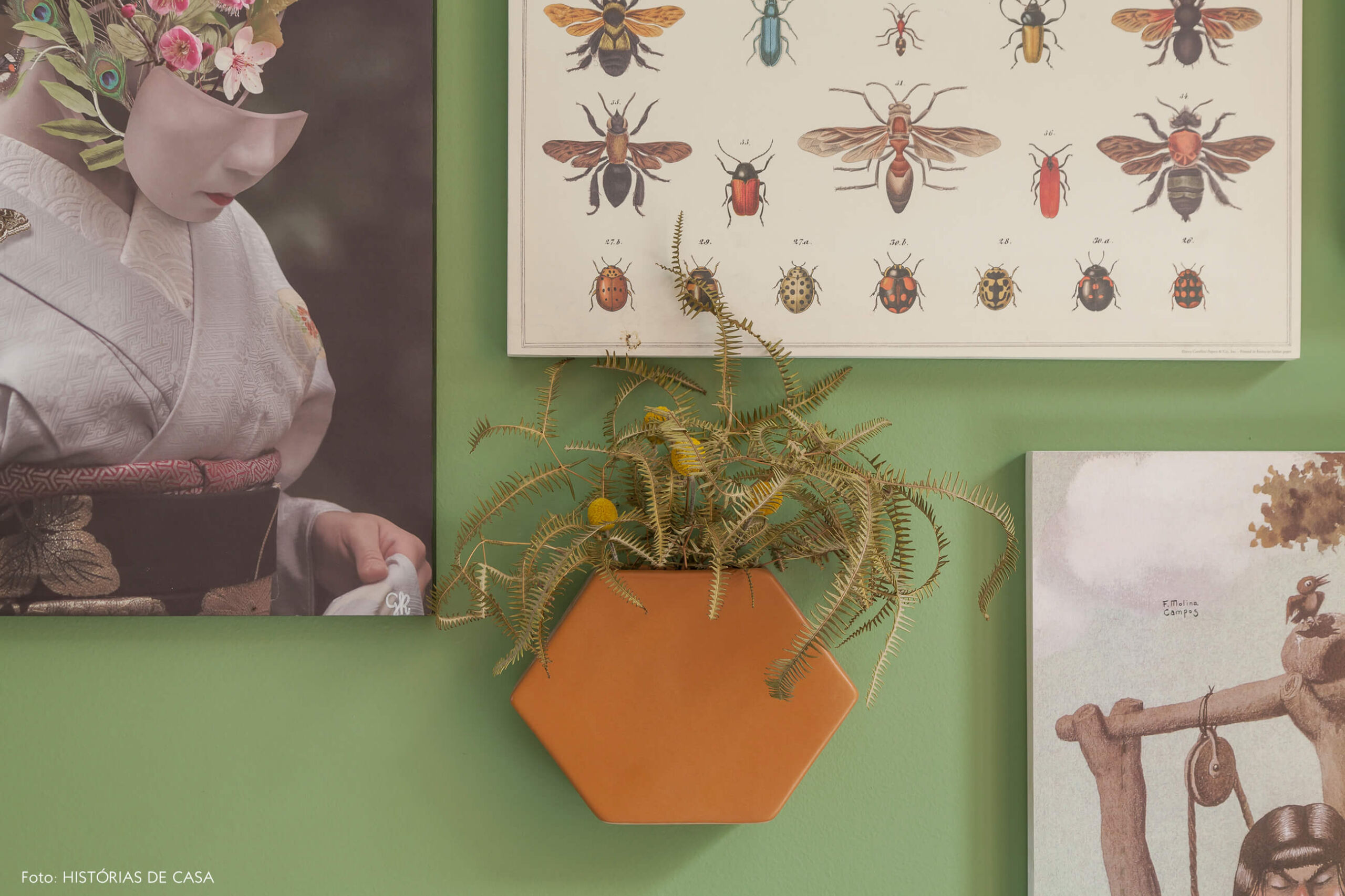 Sala com parede pintada de verde e vaso suspenso