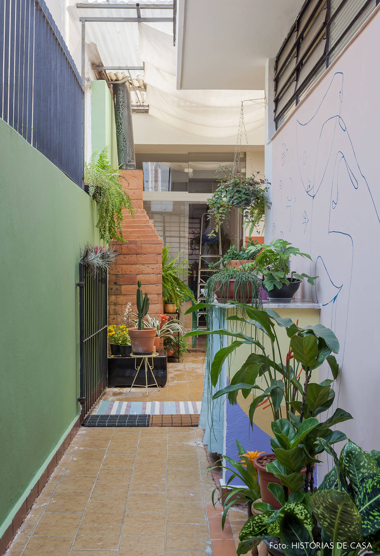 Corredor lateral do quintal com parede verde