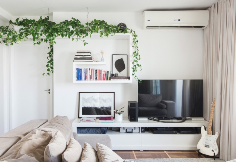 Apartamento com estantes brancas e plantas pendentes Jiboia