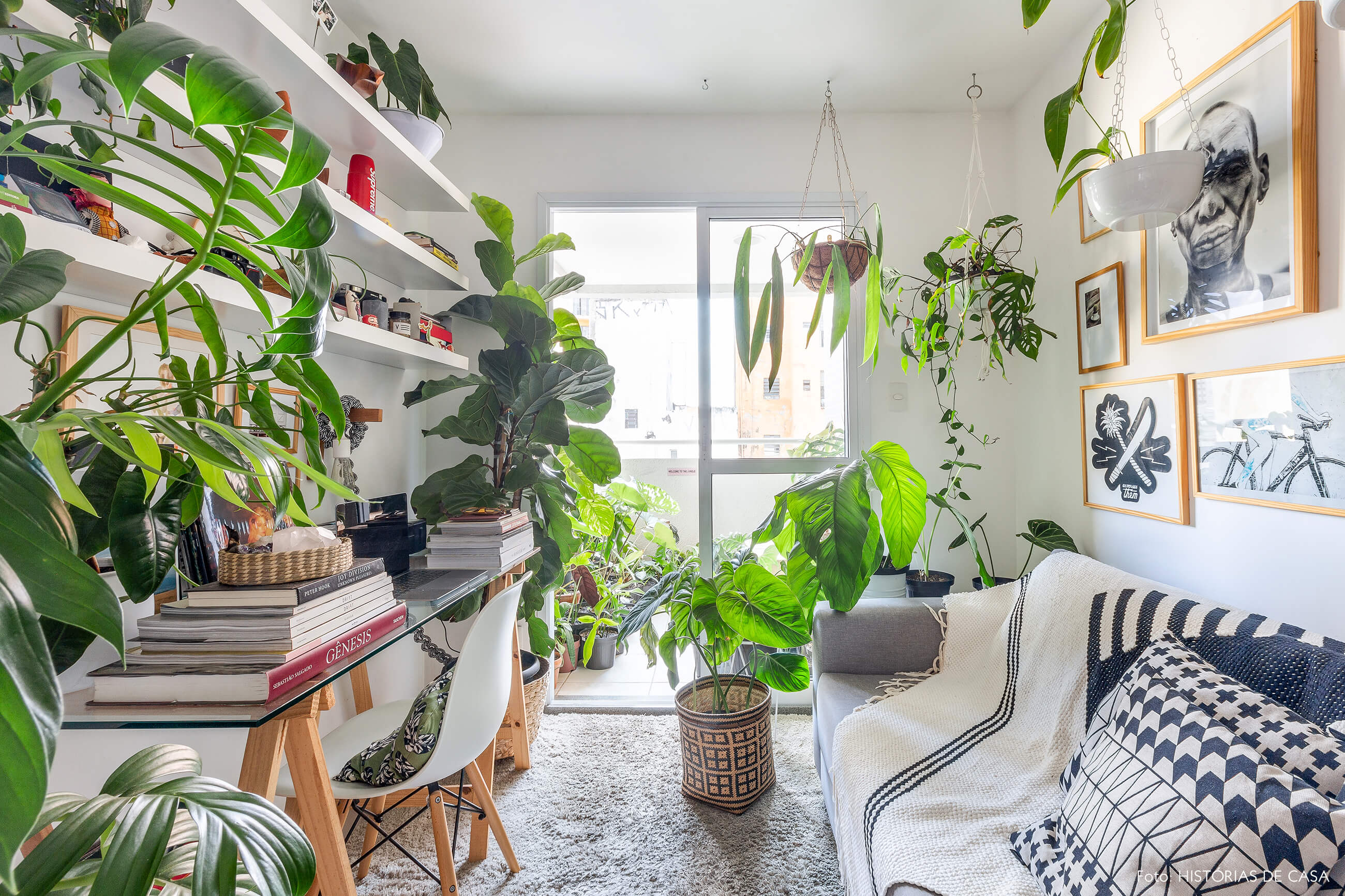 Apartamento pequeno com muitas plantas e home office na sala