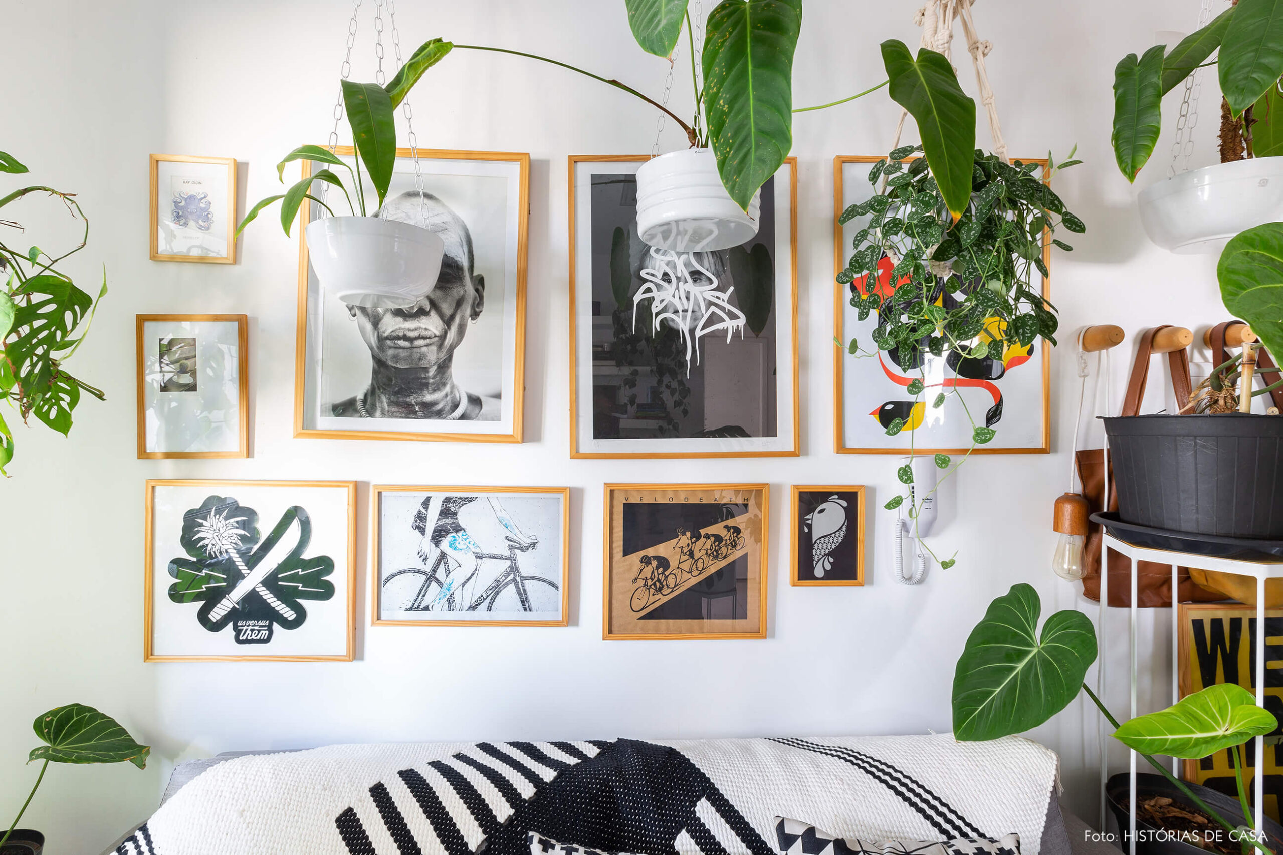 Apartamento pequeno com muitas plantas e parede de quadros