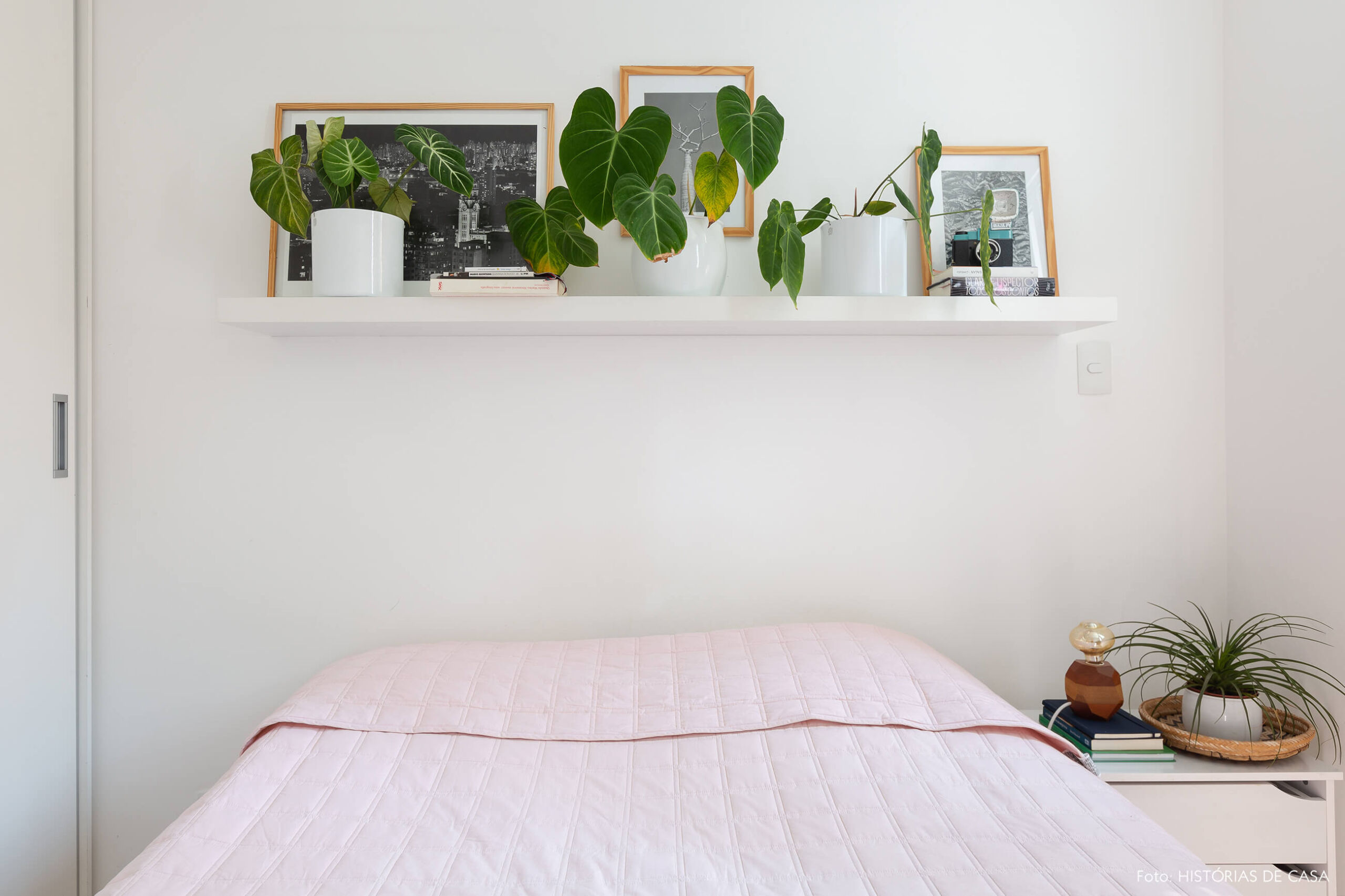Apartamento pequeno com muitas plantas e quarto com prateleira no alto