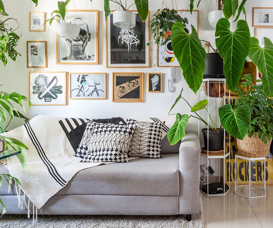 Apartamento pequeno com muitas plantas e estilo escandinavo