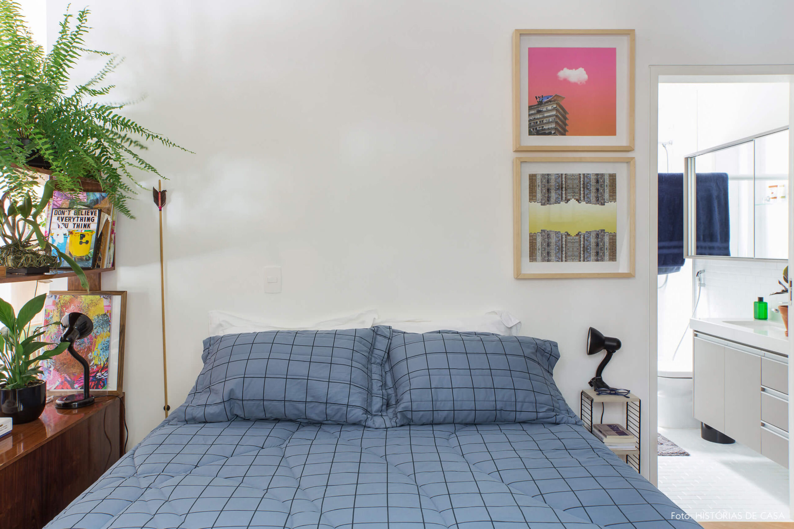 Apartamento alugado com quarto integrado à sala, estante com plantas