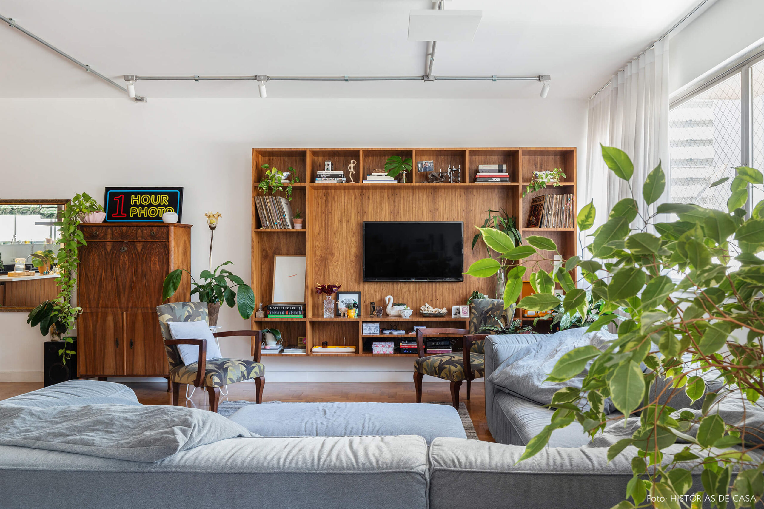 Sala TV com sofá azul estante de madeira e plantas