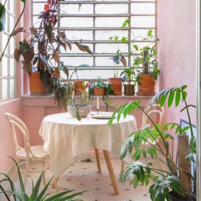 Parede rosa e mesa com toalha branca e plantas