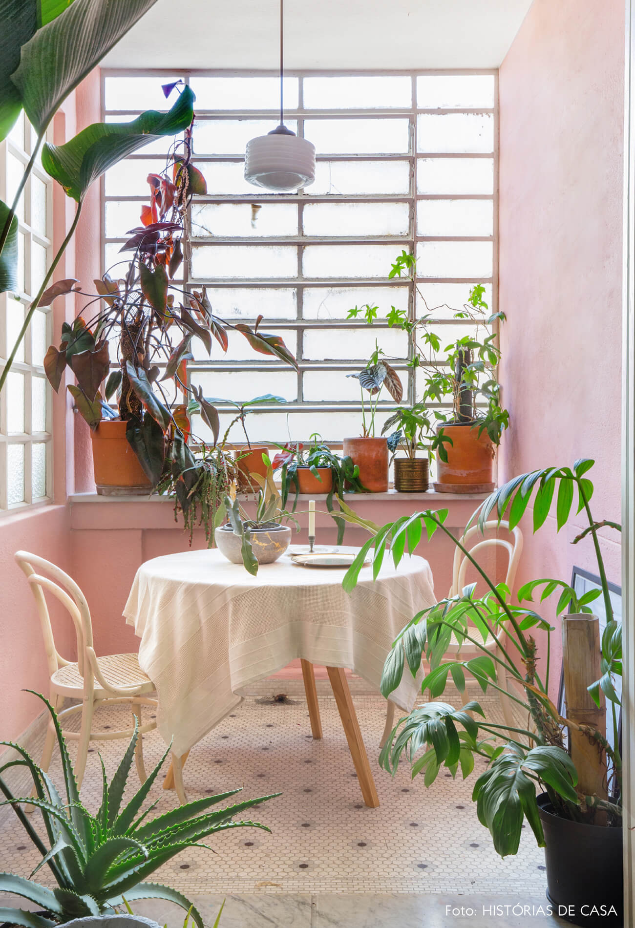 parede rosa janelas plantas e mesa maderia com toalha branca