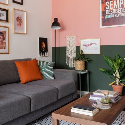 decoração-sala-parede-verde-e-rosa-com-quadros-e-plantas