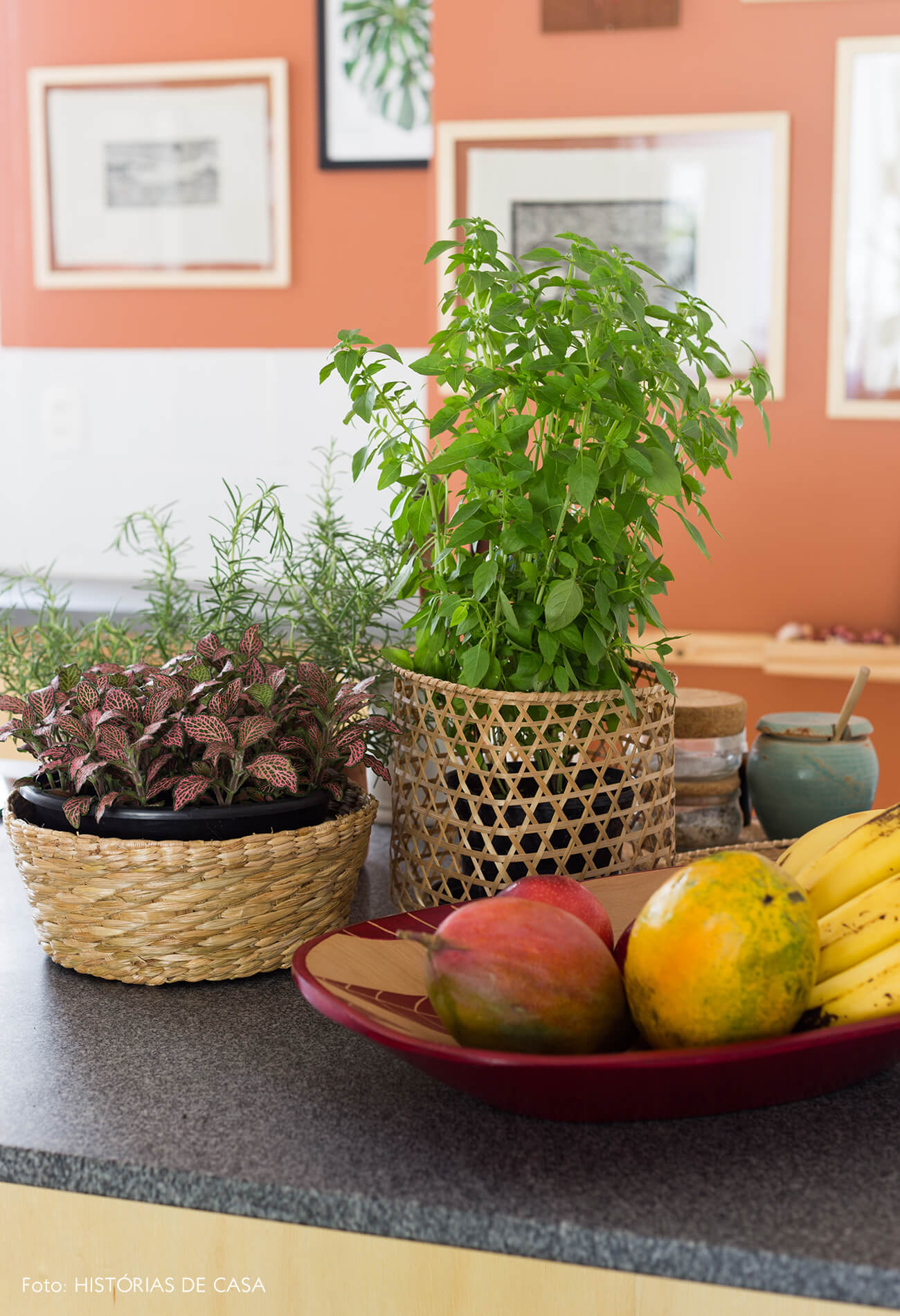 decoração cozinha com temperos e plantas em cestos