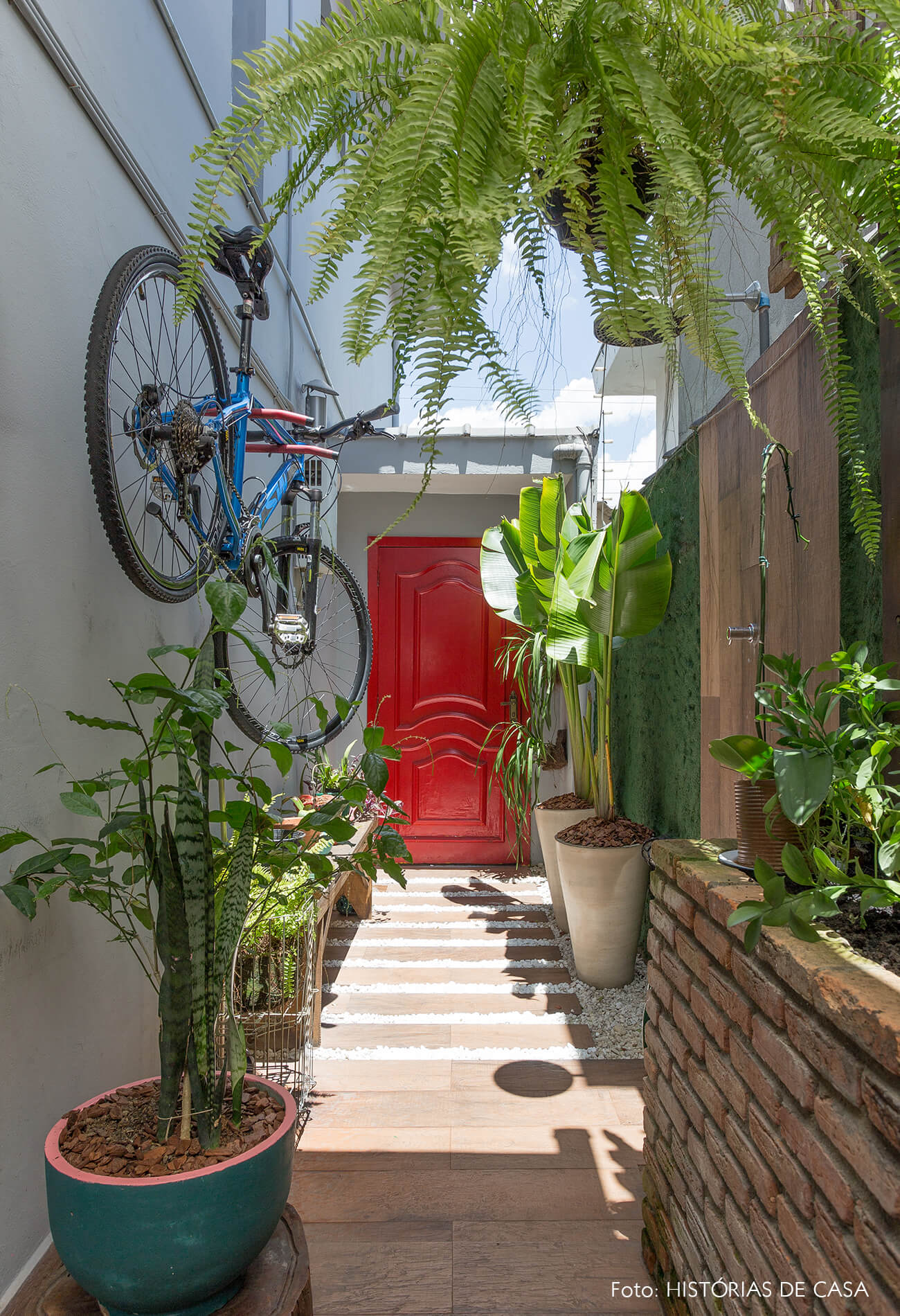 casa decoração hall com muitas plantas e porta vermelha