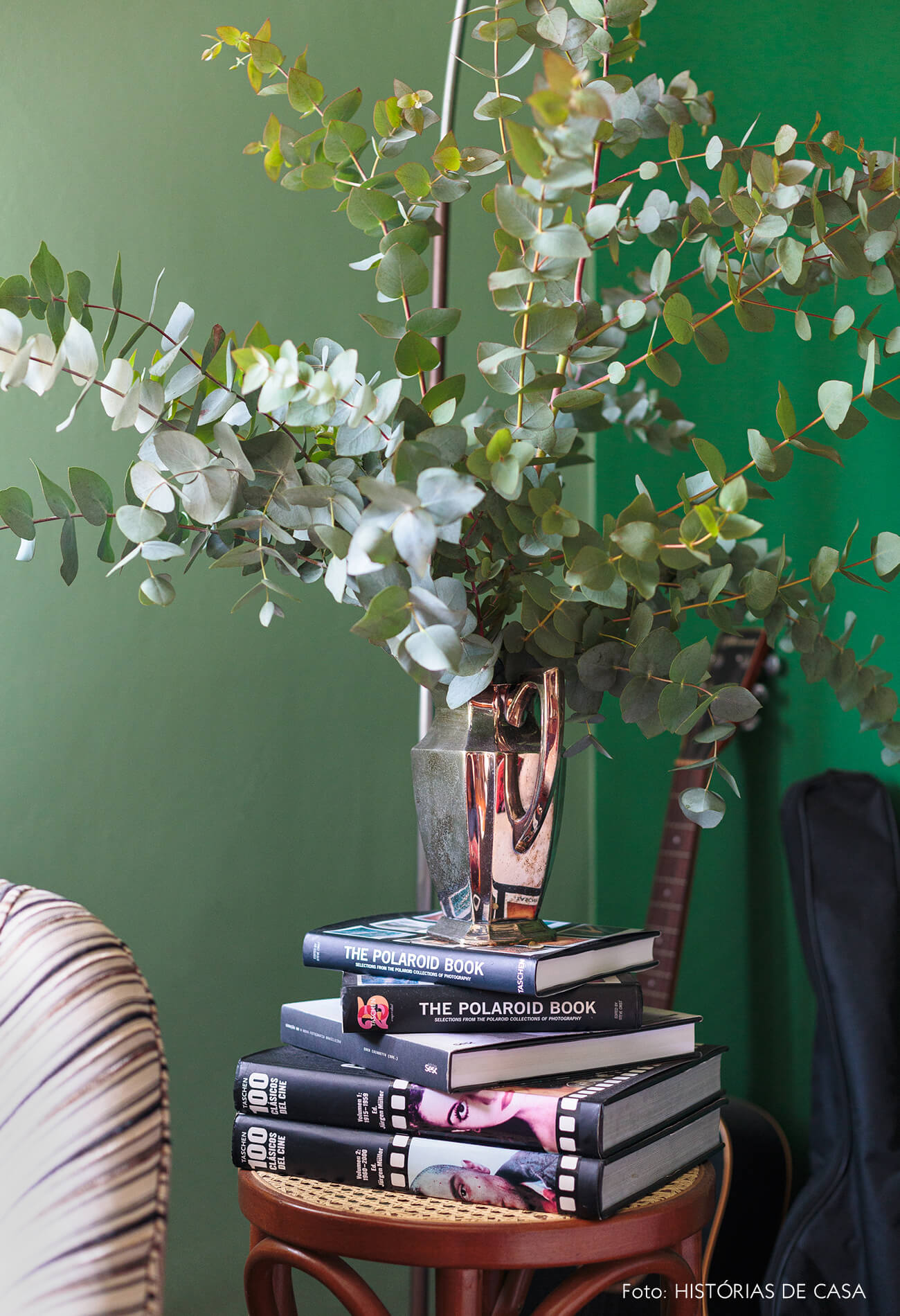 decoração plantas em sala com parede verde em banco thonet