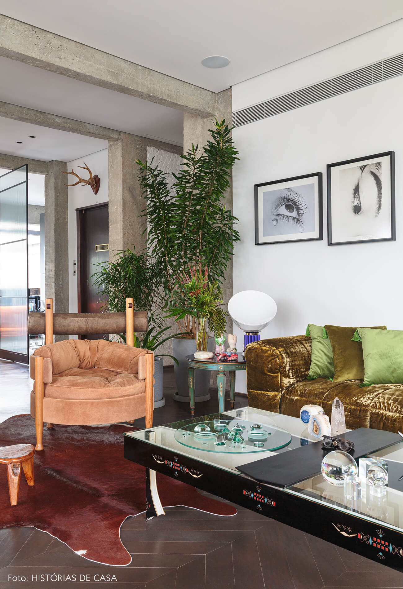 decoração ap sala com poltrona sergio rodrigues, sofá verde de veludo