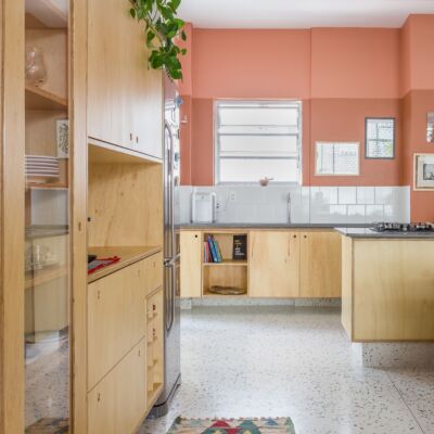 decoração cozinha com parede terrosa, armarios de marcenaria