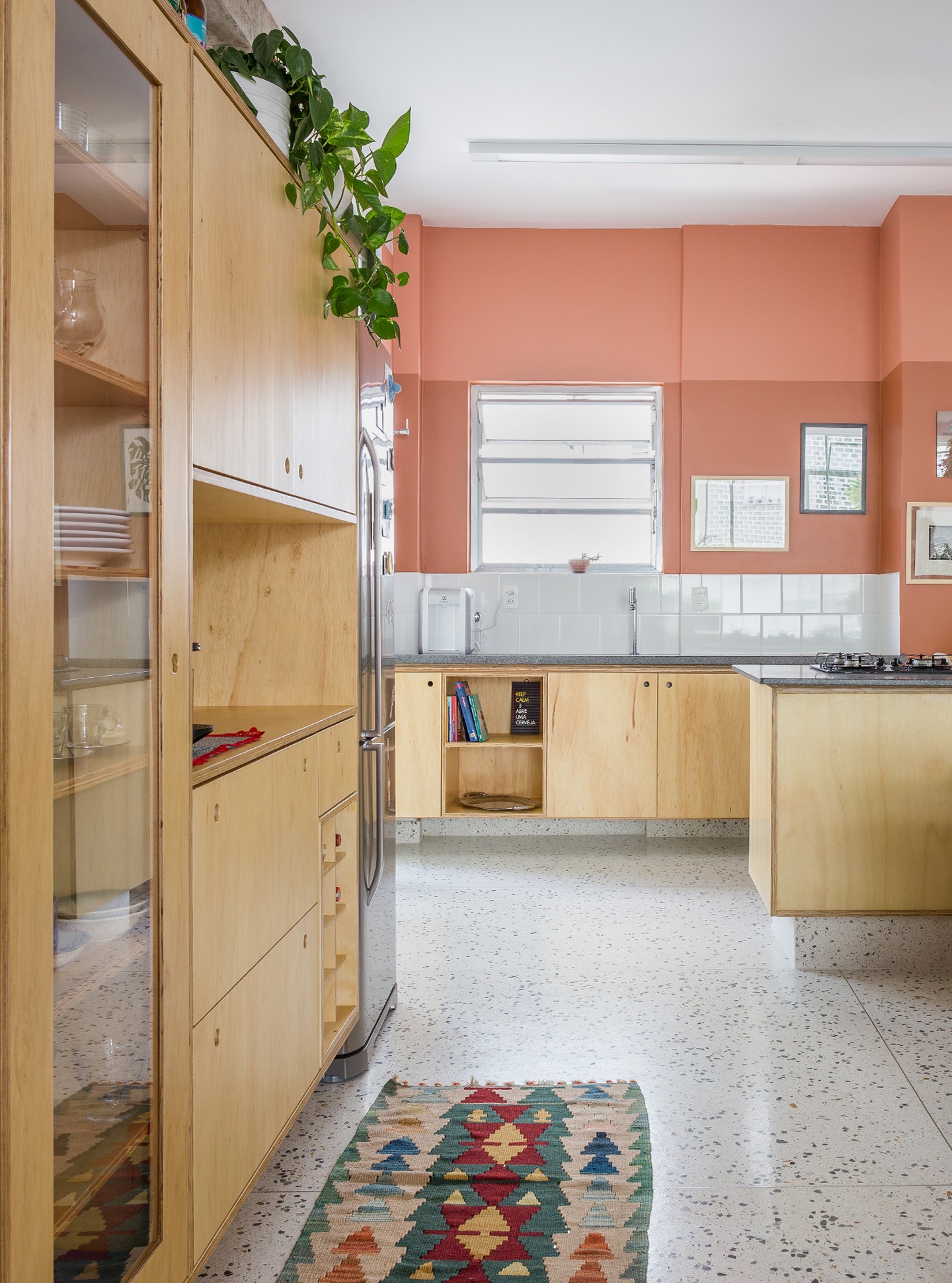 decoração cozinha com parede terrosa, armarios de marcenaria