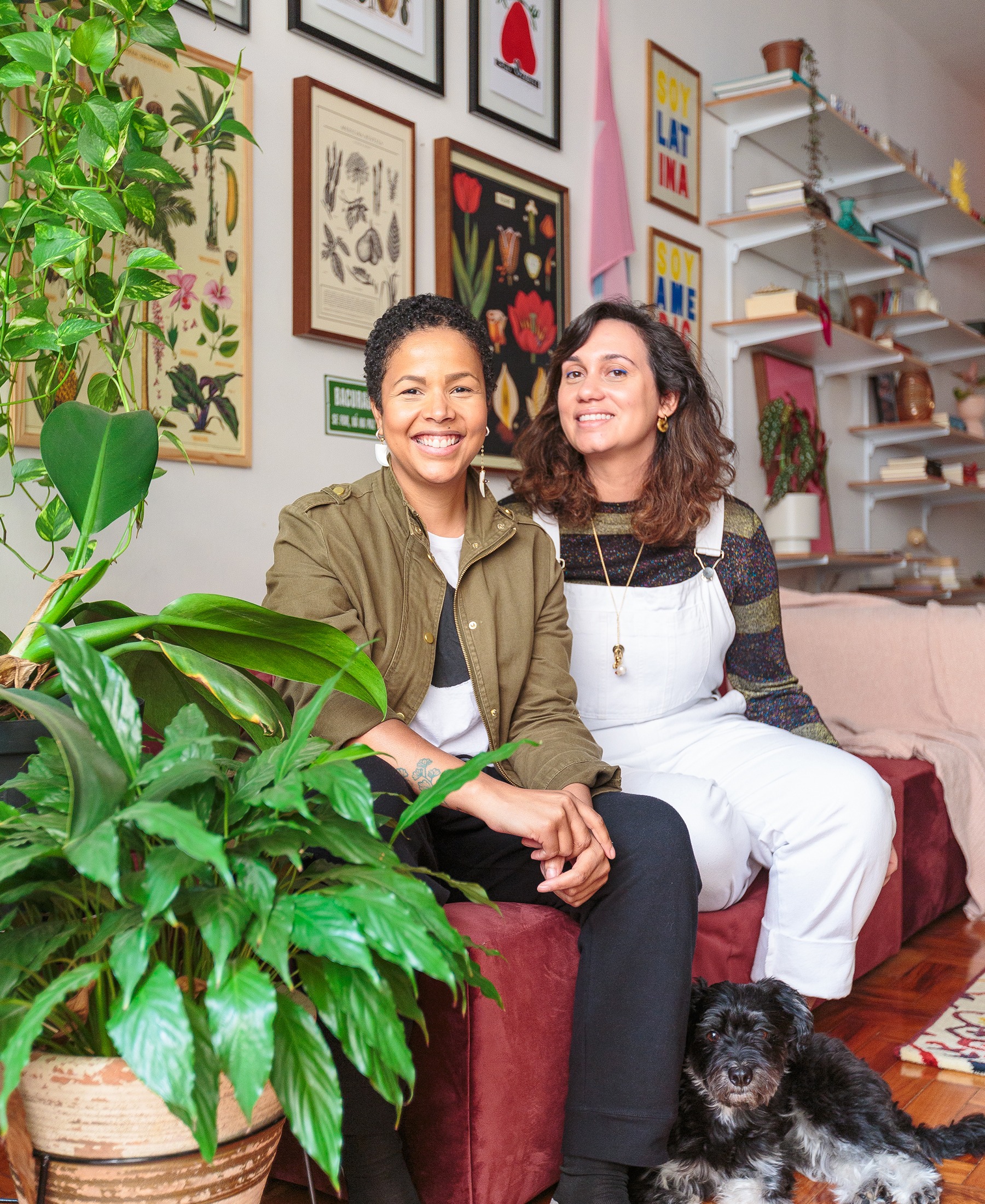 decoração retrato em sala com sofá vermelho e plantas