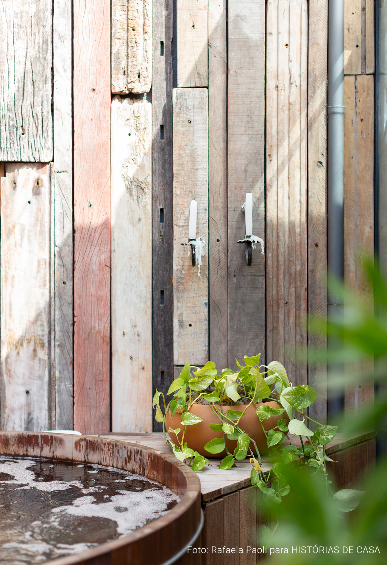 Arquitetura com estilo industrial, casa com tijolinhos e plantas, janelas redondas