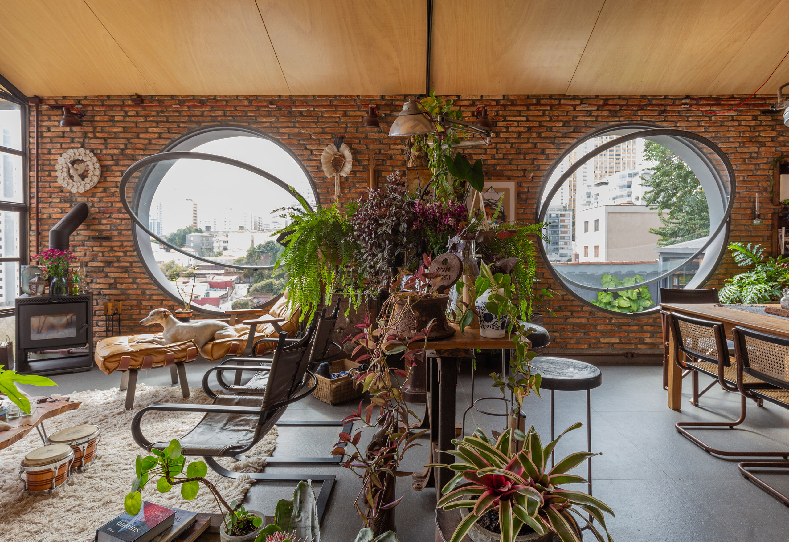 Arquitetura com estilo industrial, casa com tijolinhos e plantas, janelas redondas