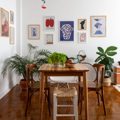 Antes e depois casa decorada com quadros geométricos, abstratos e coloridos da Obrah