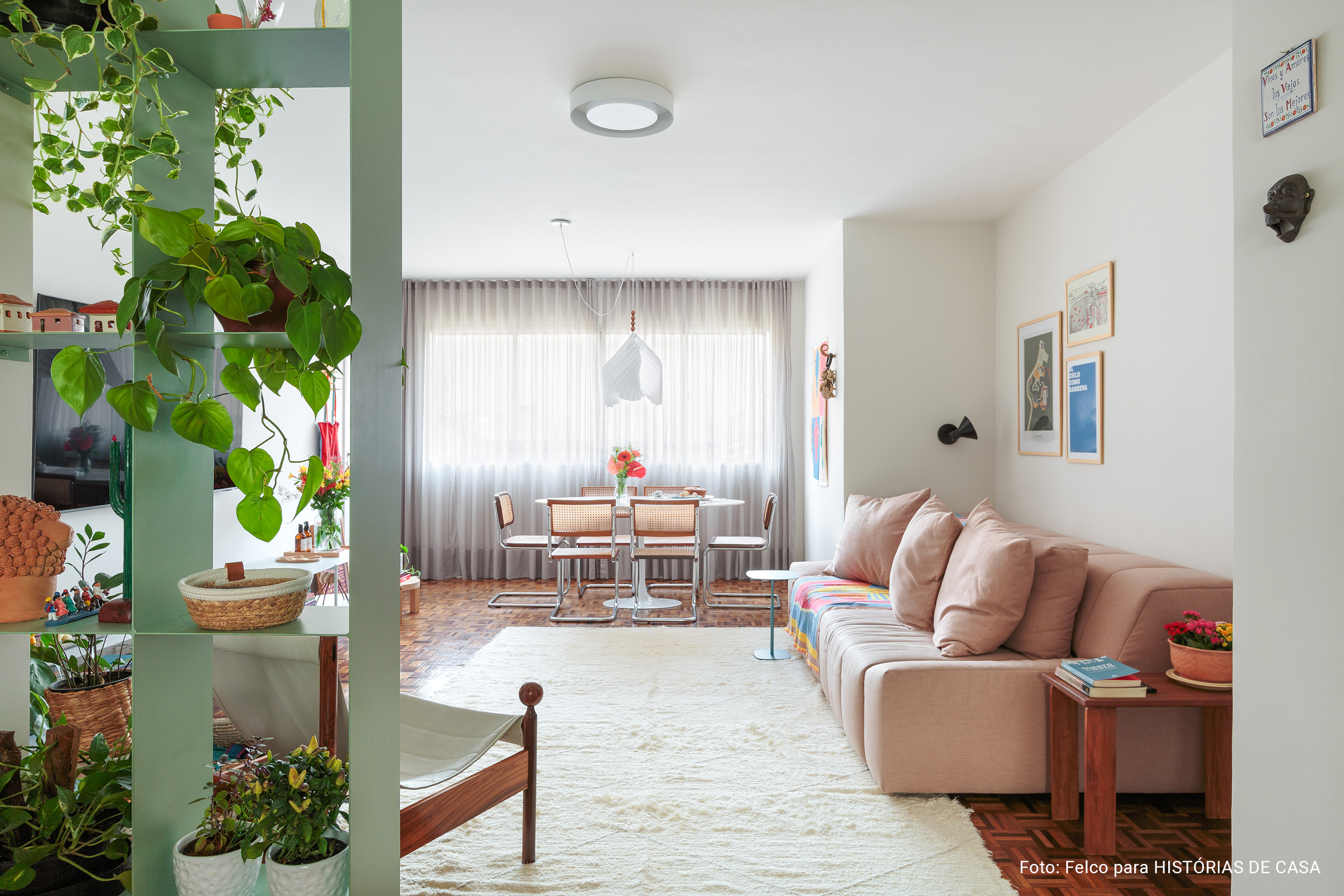 Apartamento alugado colorido com chão de taco e plantas.