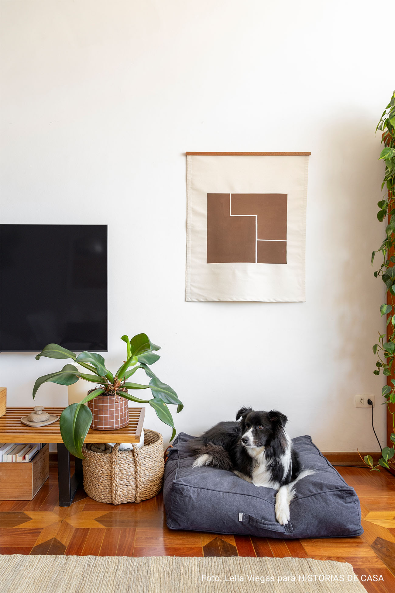 Decoração de apartamento aconchegante com piso de taco, plantas e soluções descomplicadas