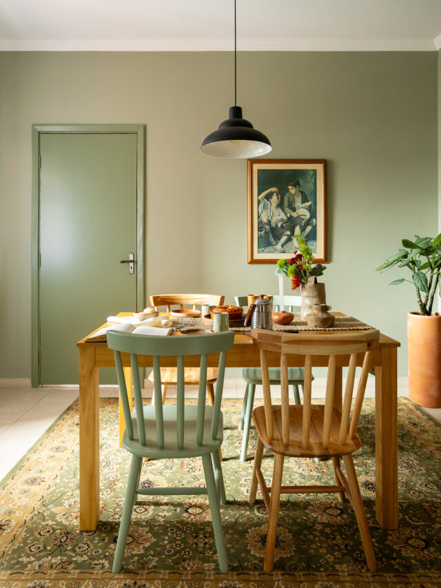 Antes e depois: cozinha verde e escritório ateliê em apartamento alugado decorado sem reforma